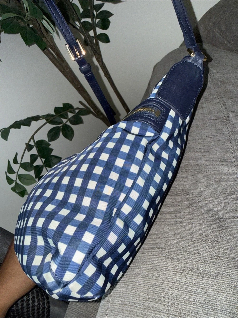 Tory Burch Navy and White Gingham Crossbody Bag